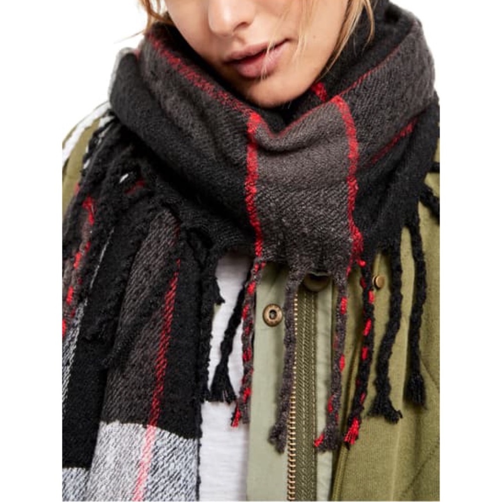 NWT Free People Black Red Plaid Fringe Scarf - Picture 2 of 7